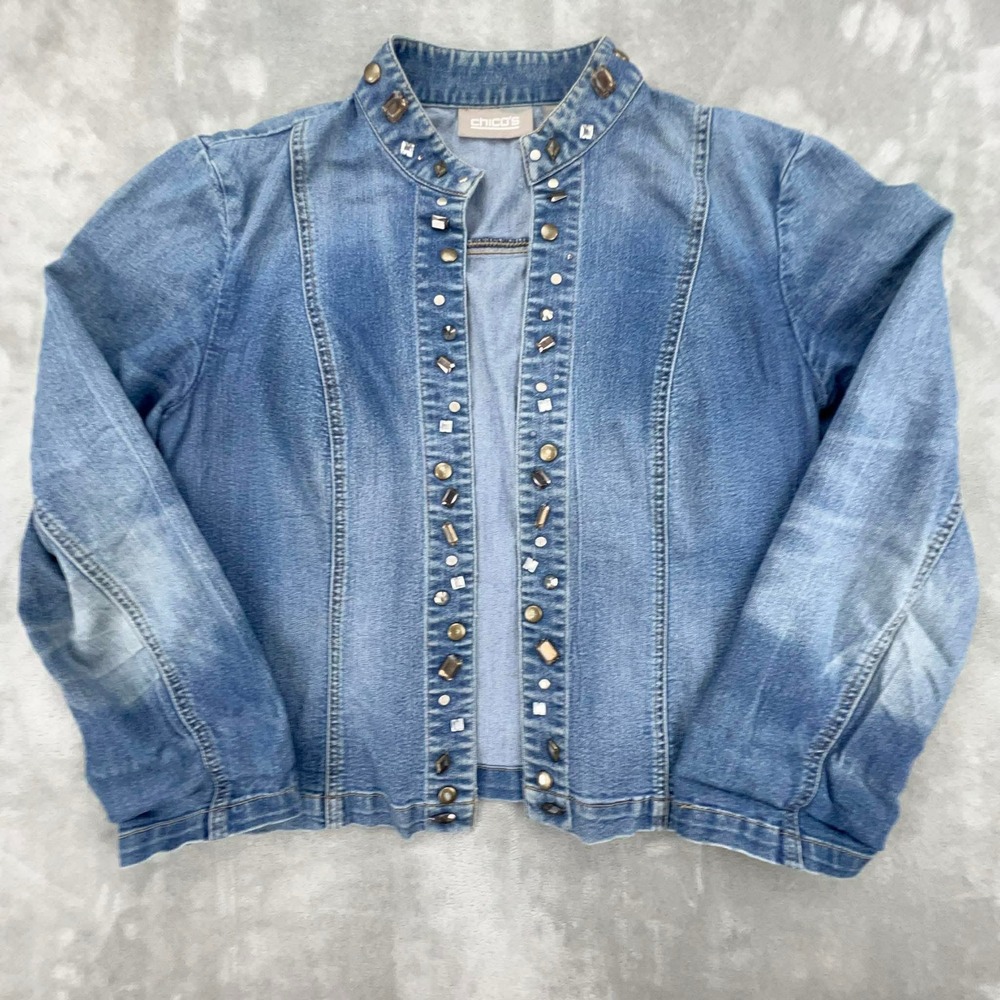 Chicos Blue Denim Embellished Studded Rhinestone Open Front Jacket Size 1 Medium
